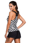 Women's Black And White Zigzag Print Mesh Splice Racer Back 2 PC Tankini Swimsuit Set - KaleaBoutique.com