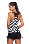 Women's Black And White Zigzag Print Mesh Splice Racer Back 2 PC Tankini Swimsuit Set - KaleaBoutique.com
