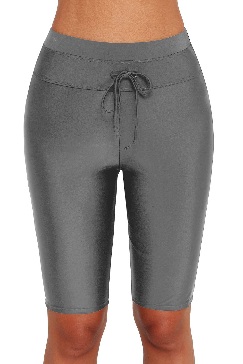 Women's Grey Fitted High Waist Tie Front Swim Shorts Crop Pants Leggings Swimwear Bottoms - KaleaBoutique.com