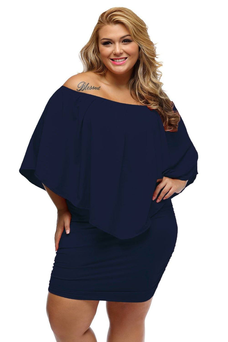 Women's Navy Blue Off Shoulder Bandeau Ruffles Multiple Layered Plus Size Mini Dress - KaleaBoutique.com