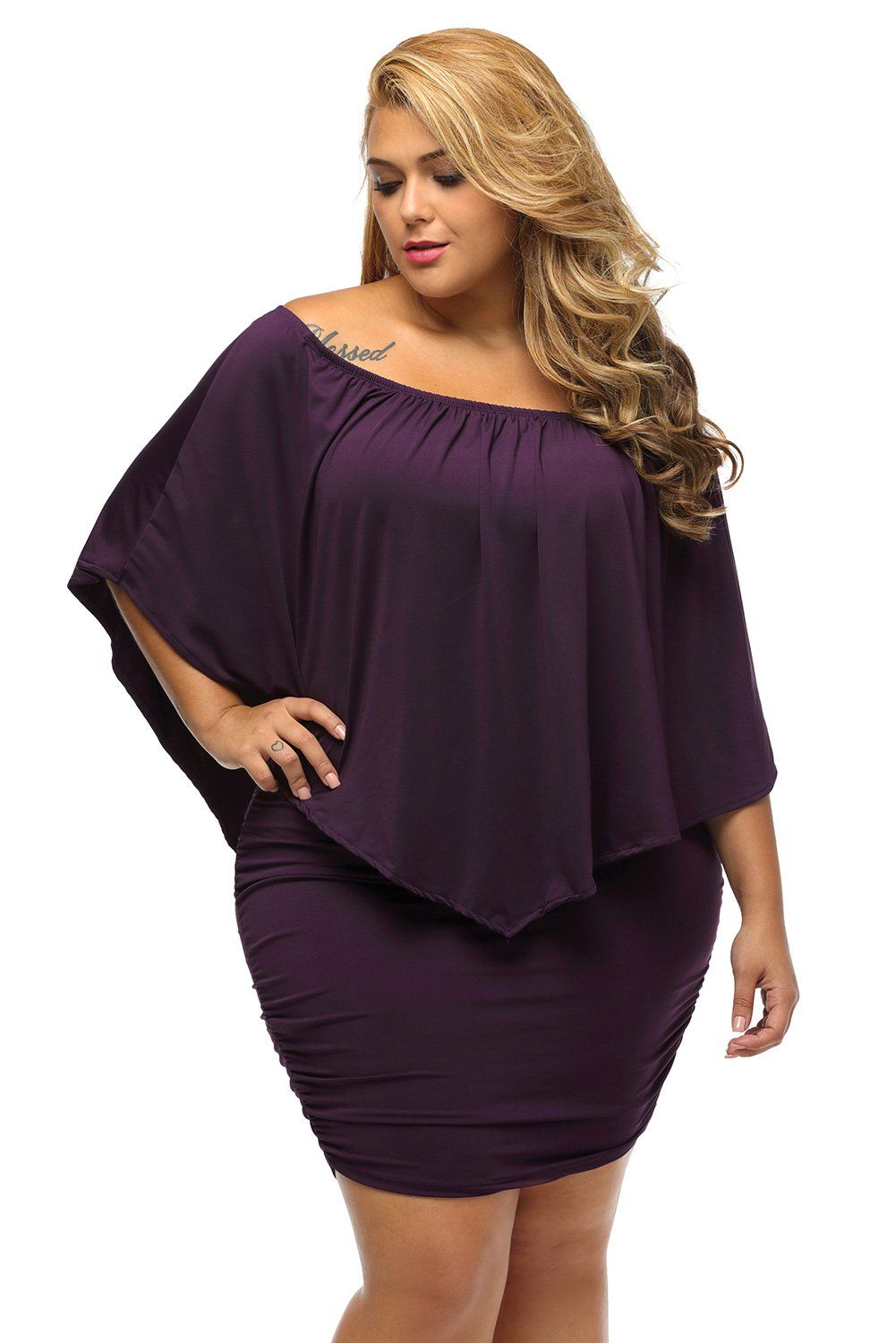 Women's Purple Off Shoulder Bandeau Ruffles Multiple Layered Plus Size Mini Dress - KaleaBoutique.com