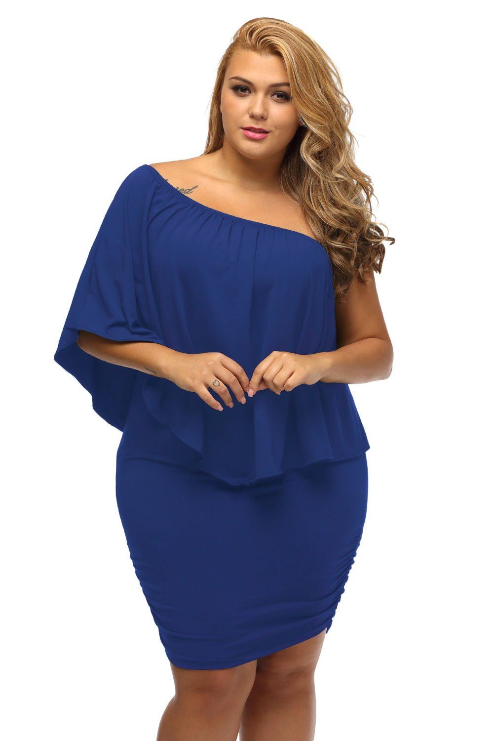 Women's Royal Blue Off Shoulder Bandeau Ruffles Multiple Layered Plus Size Mini Dress - KaleaBoutique.com