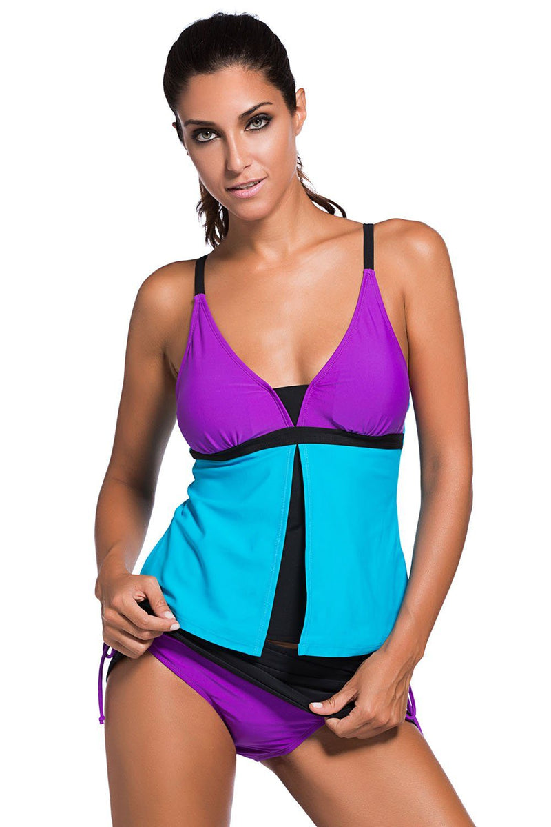 Women's Two Piece Flyaway Purple Deep V Neckline Tankini Skirt Skort 2 PC Swimsuit Set - KaleaBoutique.com