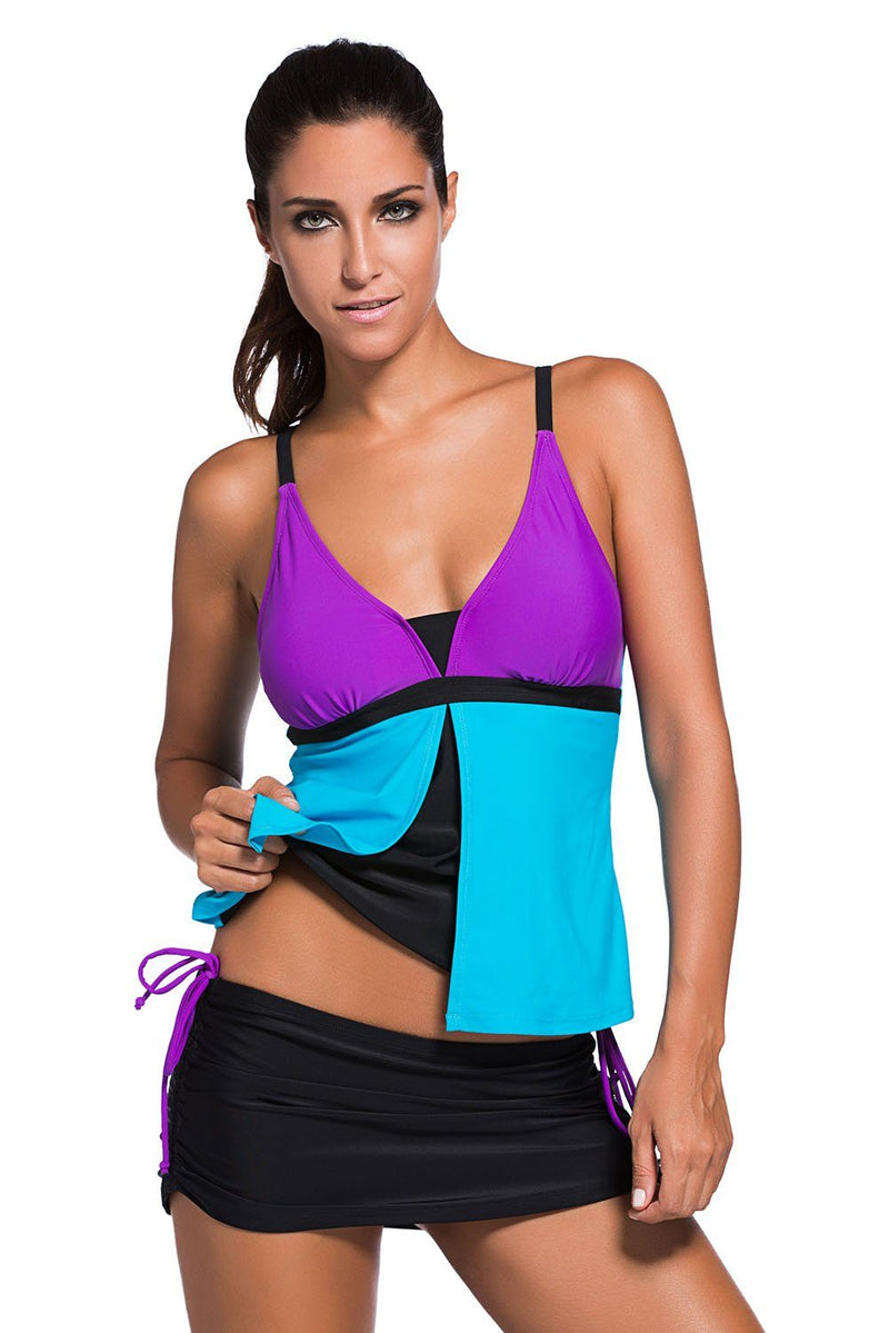 Women's Two Piece Flyaway Purple Deep V Neckline Tankini Skirt Skort 2 PC Swimsuit Set - KaleaBoutique.com