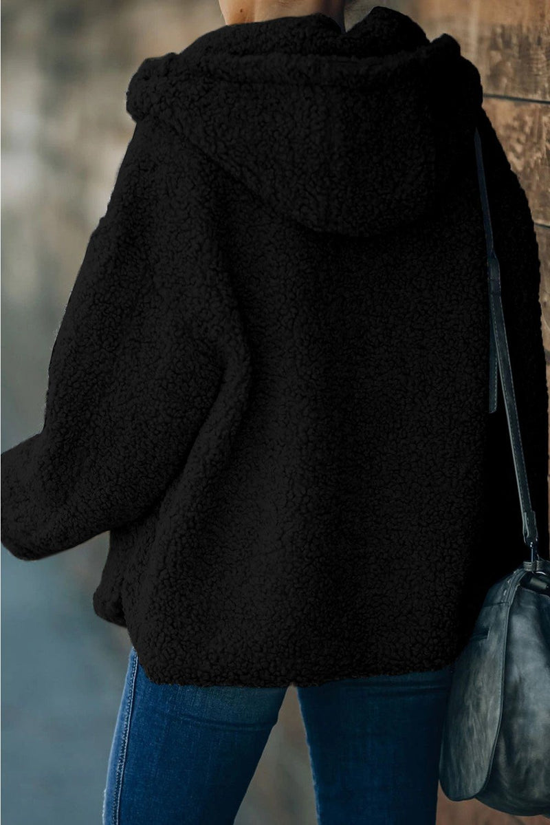 KaleaBoutique Stylish Zip-Up Black Sherpa Hooded Coat with Pockets - KaleaBoutique.com